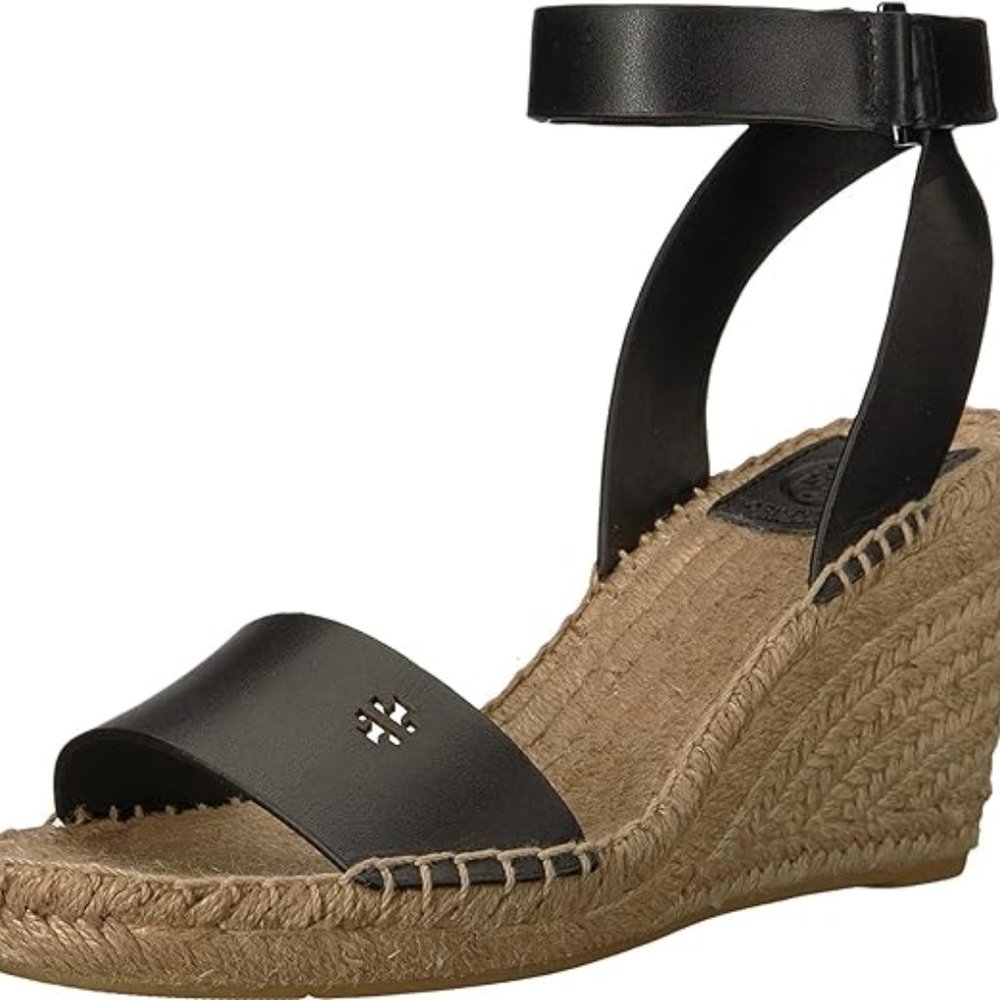 Tory Burch Black Leather Wedges with Tan Heel